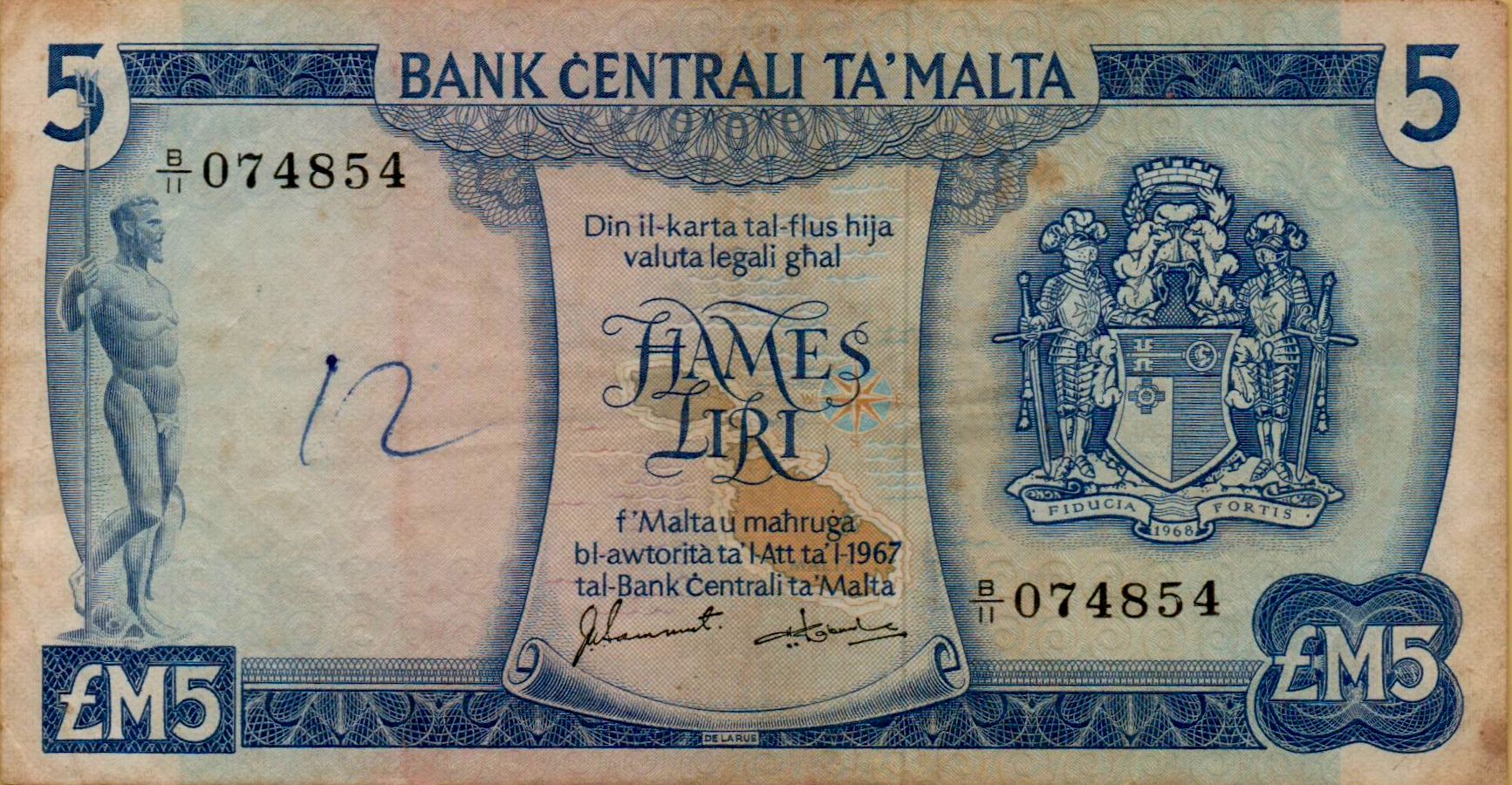 Malta 5 1973 VF+ P-32/e